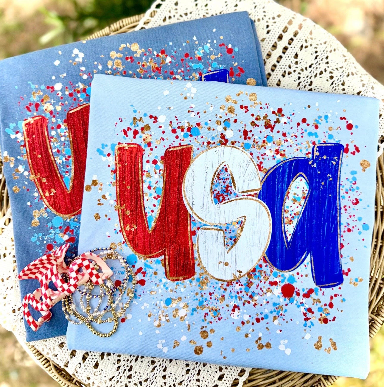 USA Splatter Graphic Tee – Patriotic Red White Blue Shirt