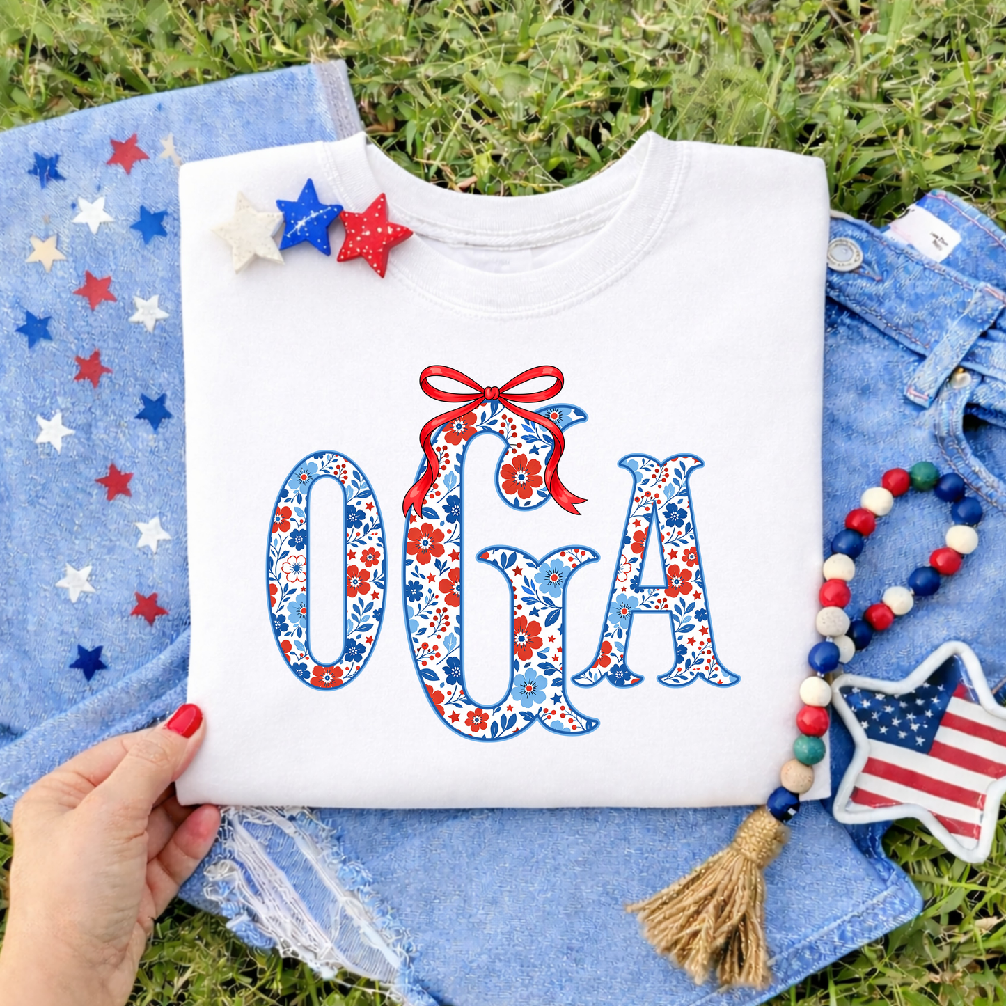 Patriotic Floral Monogram Kids Tee – Red White Blue Initial Shirt – 4th of July Graphic Tee