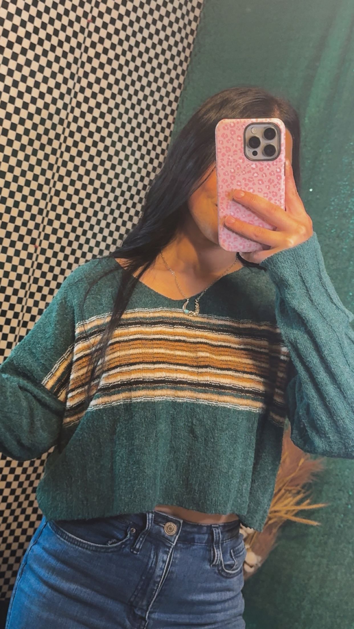 Teal Green Desert Stripe Crop Sweater- Large🌵💚