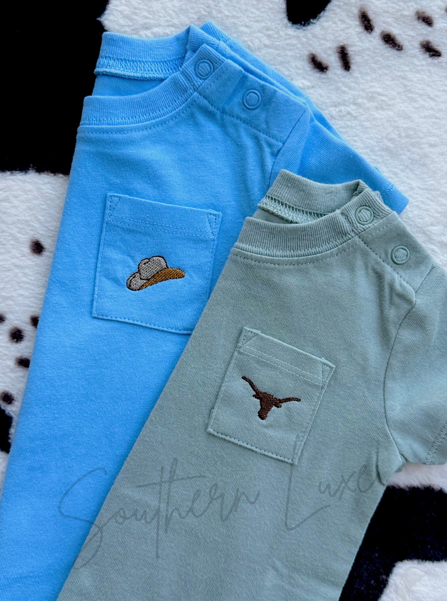 Western Baby Pocket Bodysuit | Embroidered Cowboy Hat & Longhorn Onesie