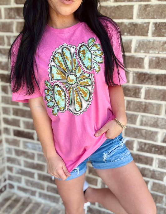 Pink Turquoise Concho Graphic Tee – Western Statement Shirt