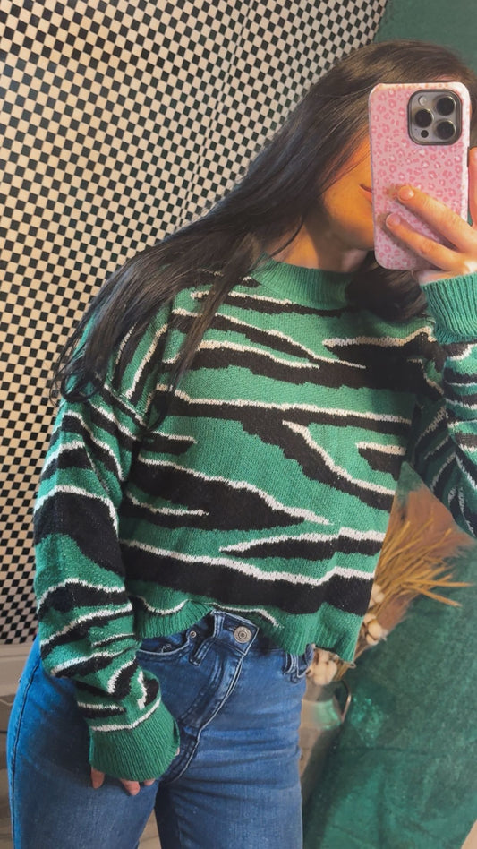 Emerald Wild Stripe Crop Sweater- Medium 🐆💚