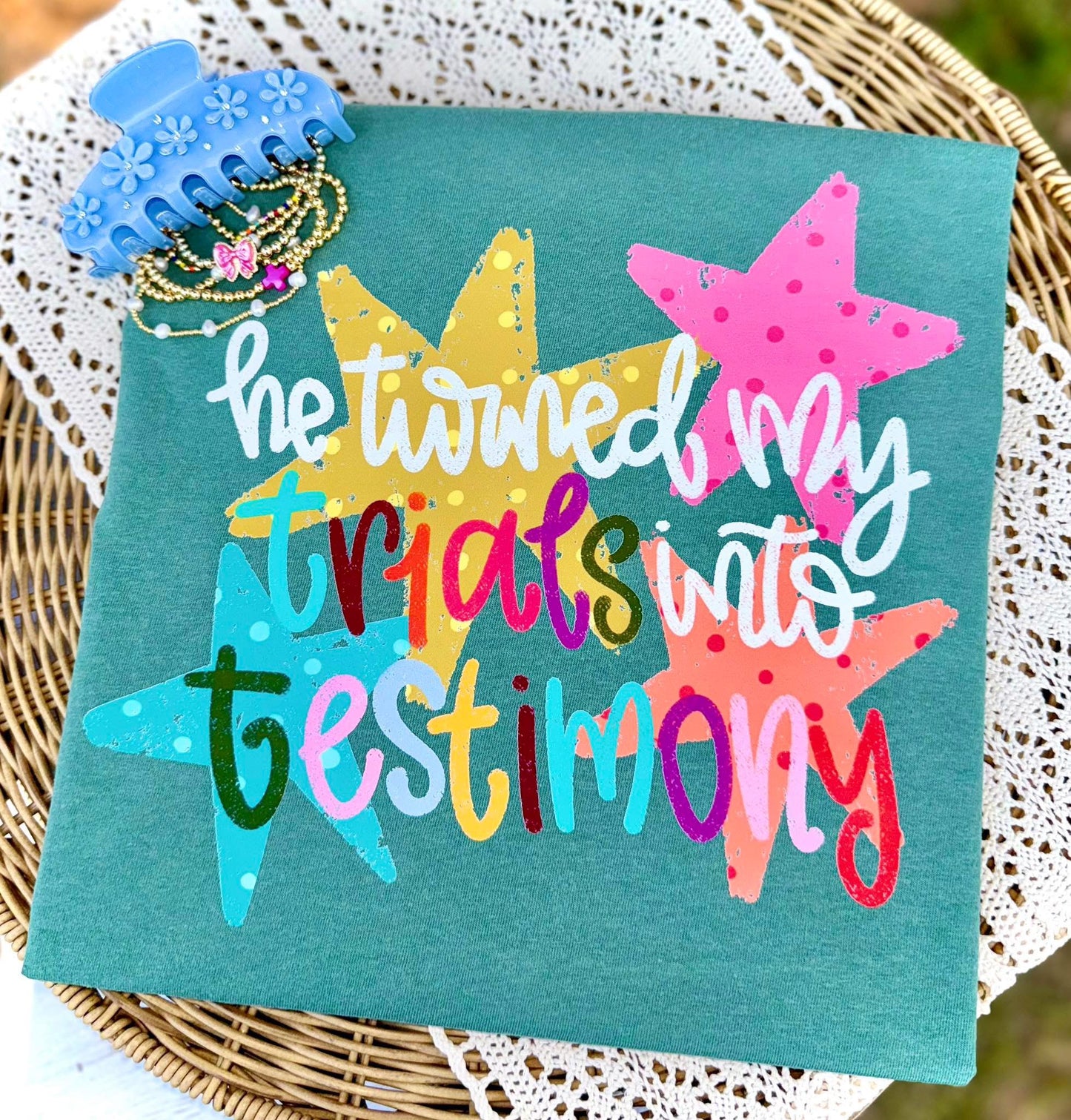 He Turned My Trials Into Testimony graphic Tee – Colorful Faith Graphic Shirt- Comfort Colors Tee