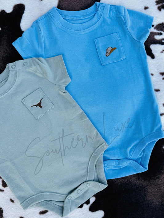 Western Baby Pocket Bodysuit | Embroidered Cowboy Hat & Longhorn Onesie