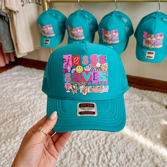 Jesus Saves I Spend Trucker Hat – Teal Colorful Graphic Foam Hat