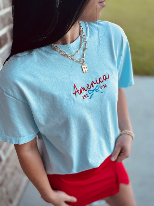 America Comfort Color Crop Embroidered Tee❤️🤍💙