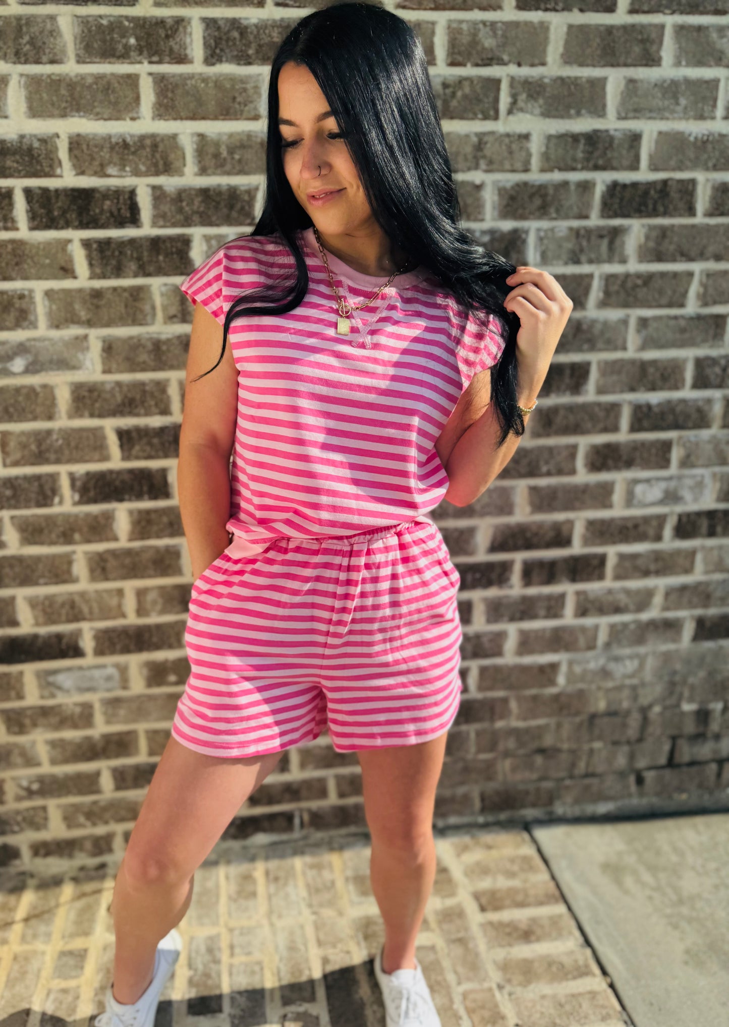 Pink Striped Lounge Set | Casual Matching Top & Shorts Set