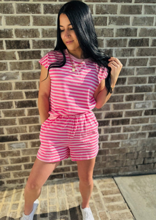 Pink Striped Lounge Set | Casual Matching Top & Shorts Set