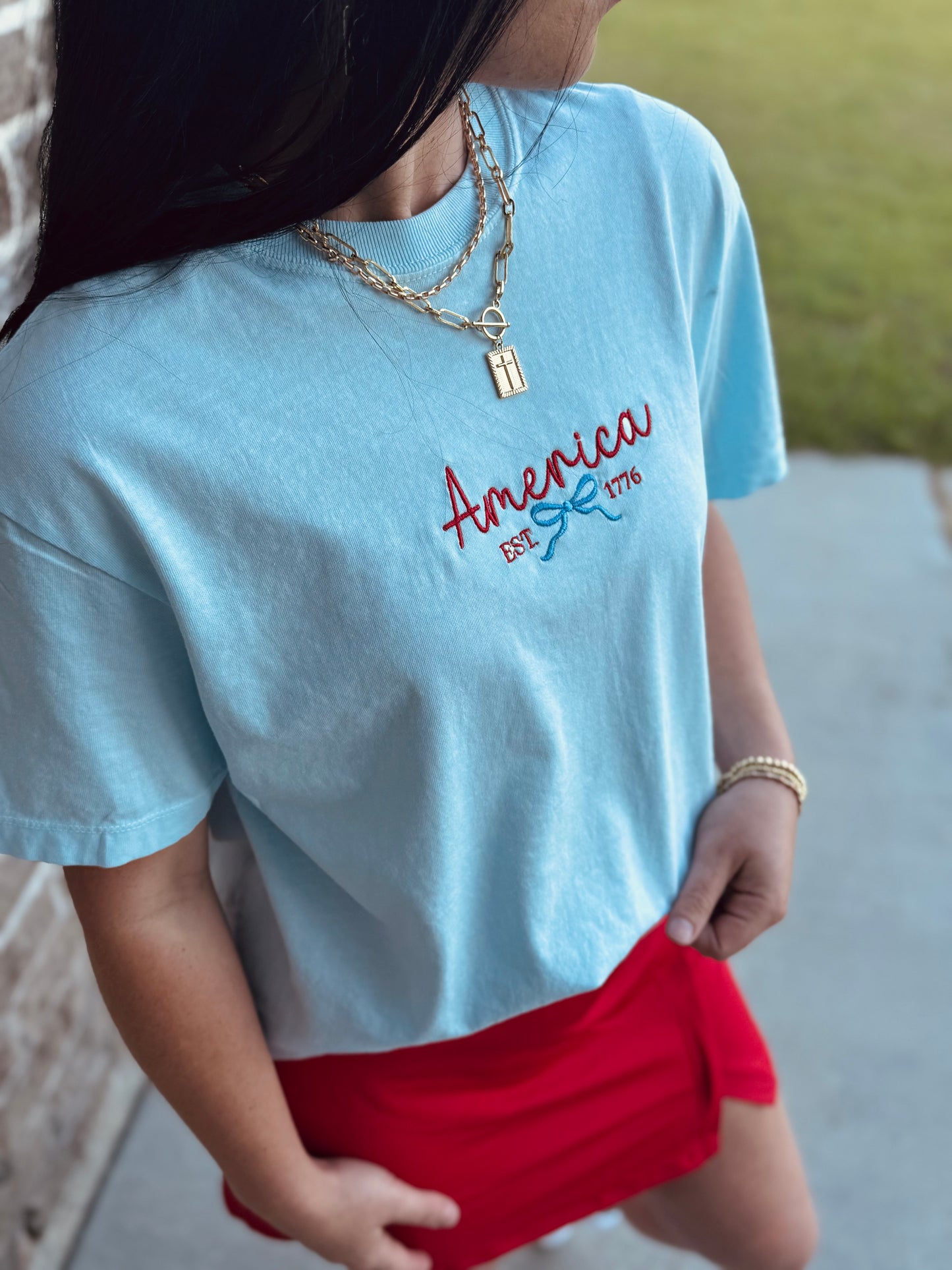 America Comfort Color Crop Embroidered Tee❤️🤍💙