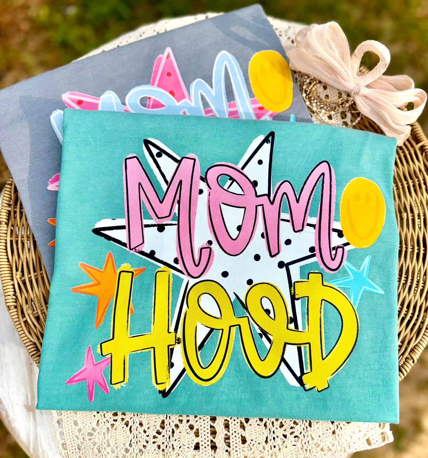 Mom Hood Graphic Tee – Colorful Retro Star Mama Shirt- Trendy Boutique Graphic Top
