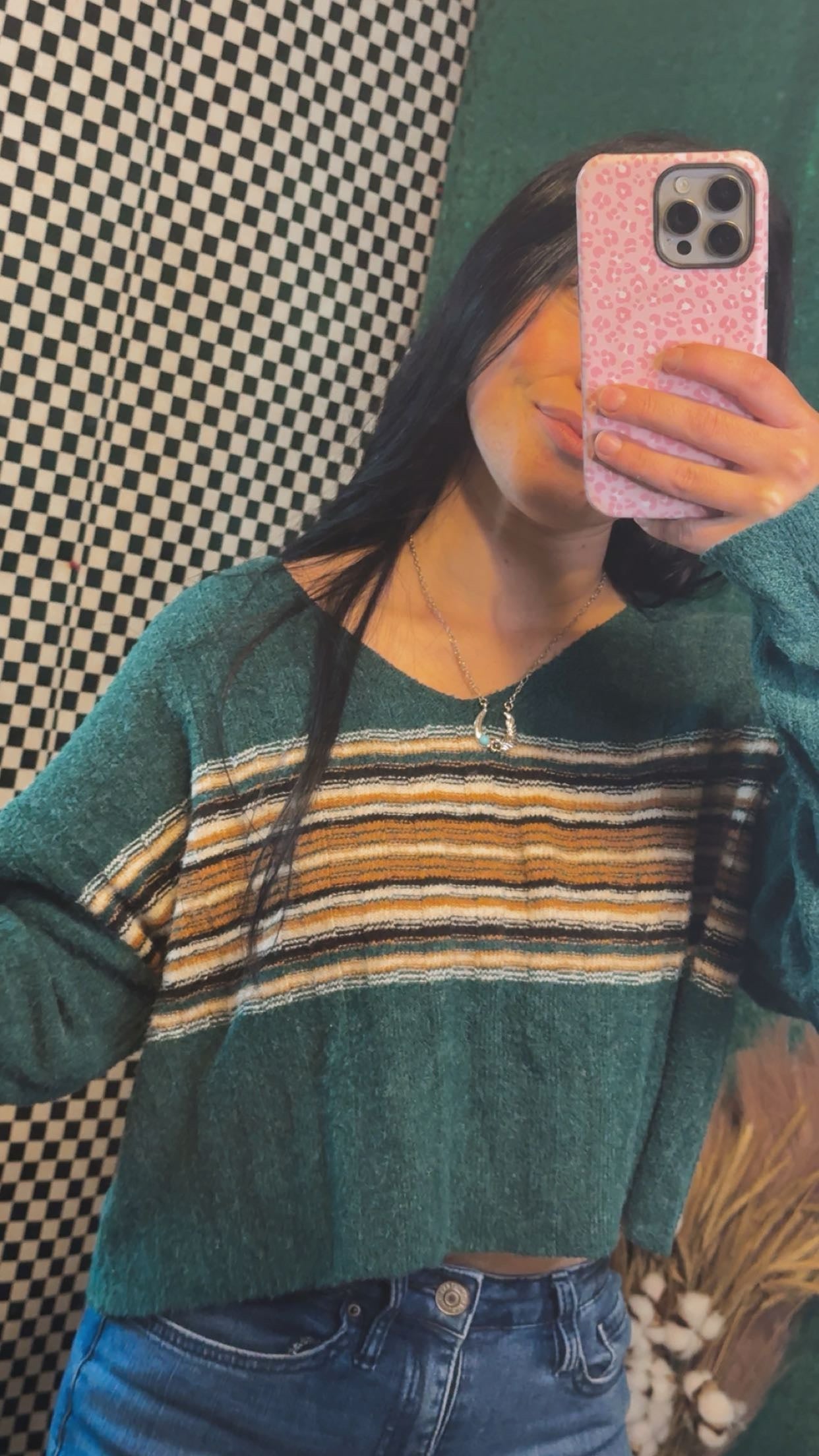 Teal Green Desert Stripe Crop Sweater- Large🌵💚