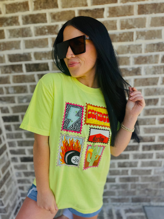 Cowboy Darlin’ Graphic Tee – Neon Western Patch Tee