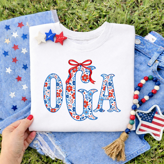Patriotic Floral Monogram Kids Tee – Red White Blue Initial Shirt – 4th of July Graphic Tee