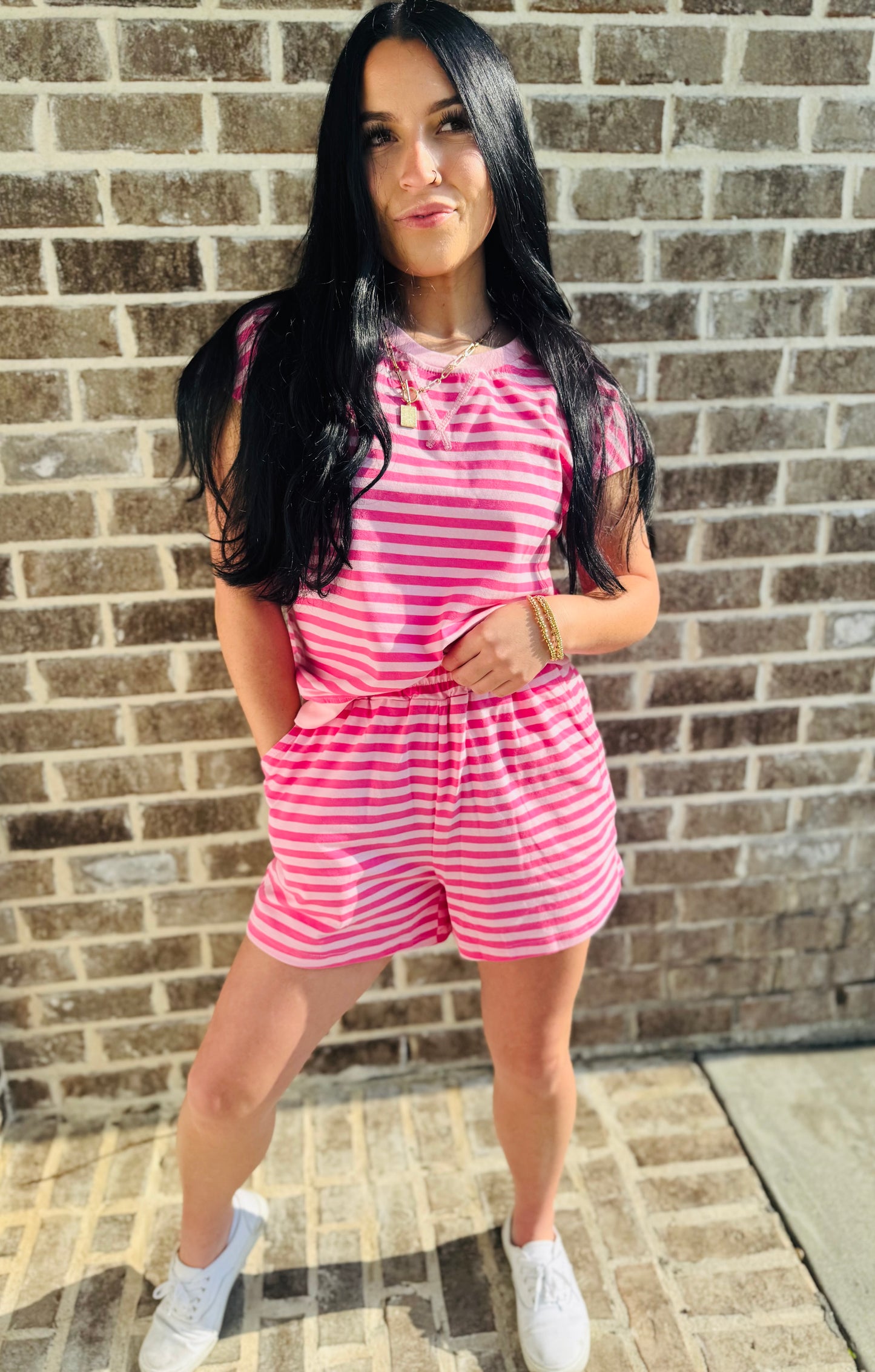 Pink Striped Lounge Set | Casual Matching Top & Shorts Set