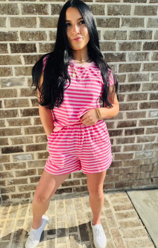 Pink Striped Lounge Set | Casual Matching Top & Shorts Set