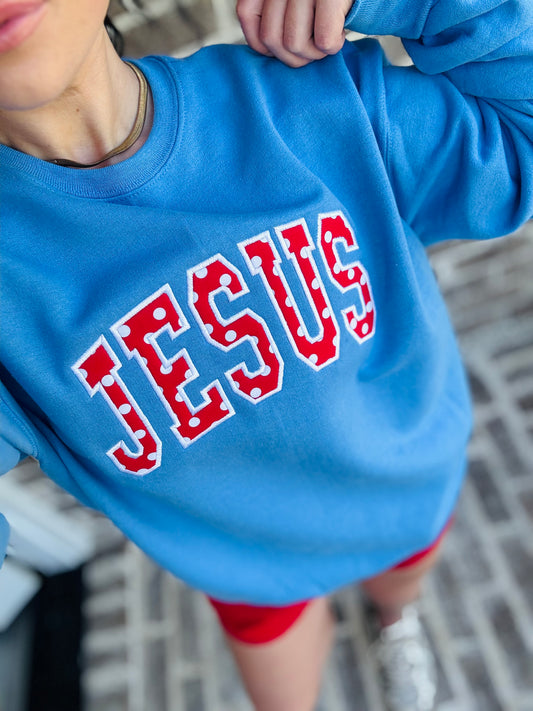 Jesus Polka Dot Appliqué Sweatshirt – Christian Graphic Crewneck – Faith Based Cozy Pullover
